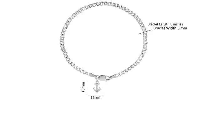 92.5% pure Sterling Silver Curb Designer Bracelet with Ship Anchor for Men