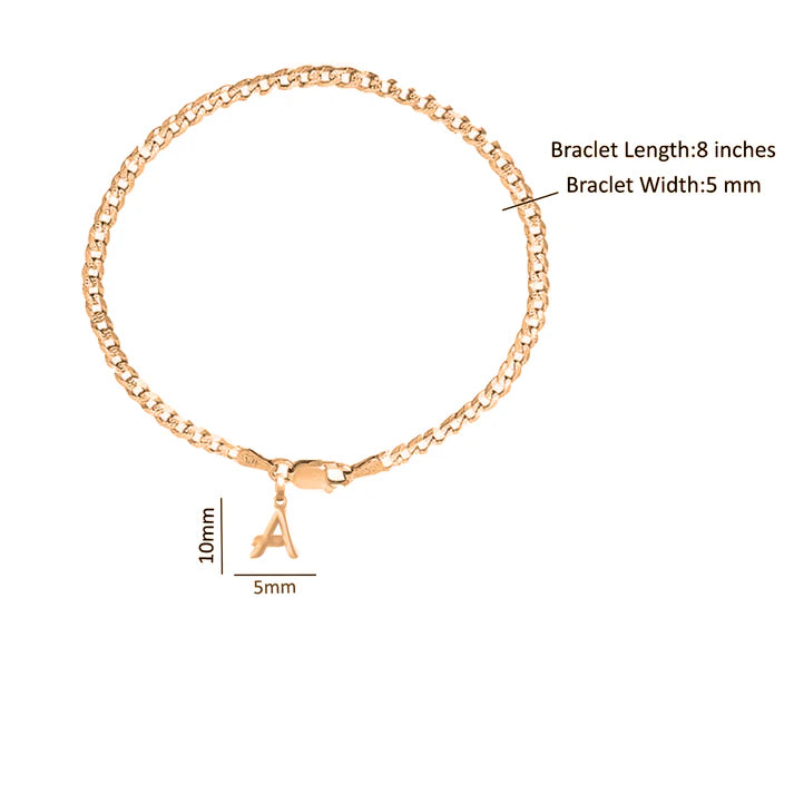 22KT gold plated 92.5% pure Sterling Silver Curb Designer Bracelet with A Alphabet for Men