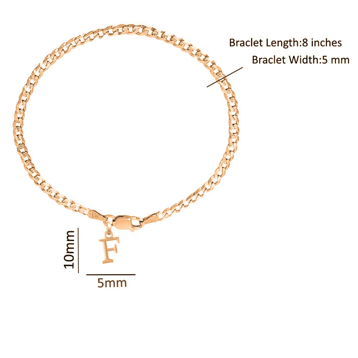 22KT gold plated 92.5% pure Sterling Silver Curb Designer Bracelet with F Alphabet for Men