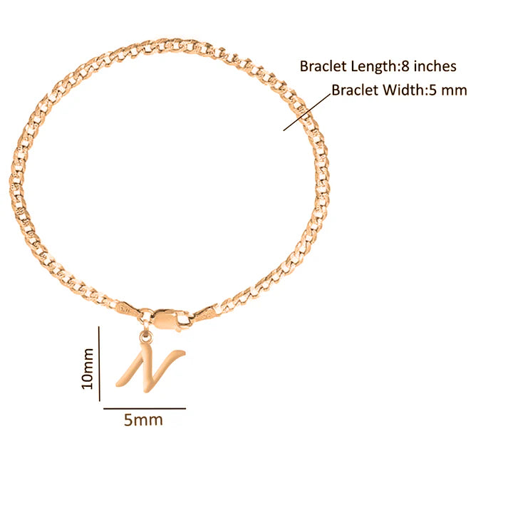 22KT gold plated 92.5% pure Sterling Silver Curb Designer Bracelet with N Alphabet for Men