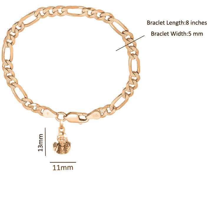 22KT gold plated 92.5% pure Sterling Silver Figaro Designer Bracelet with Charm Sai Baba for Men & Boy