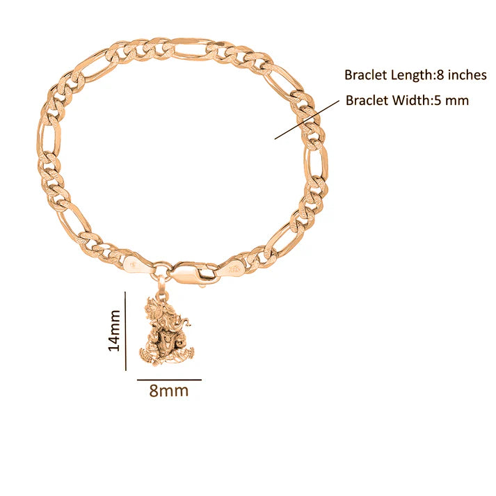 22KT gold plated 92.5% pure Sterling Silver Figaro Designer Bracelet with Charm Ganesh for Men & Boys