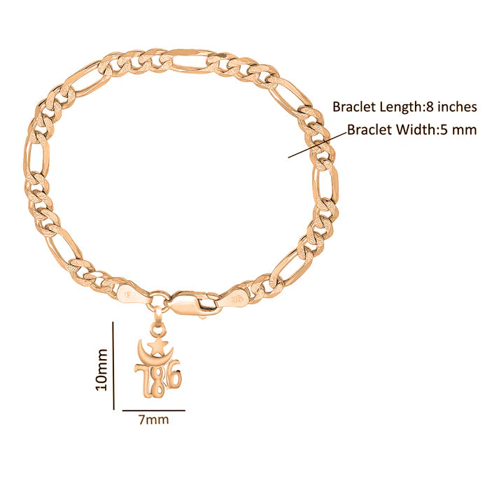 22KT gold plated 92.5% pure Sterling Silver Figaro Designer Bracelet with religious 786 for Men