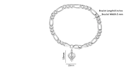 92.5% pure Sterling Silver Figaro Designer Bracelet with Sikh khanda Symbol for Men
