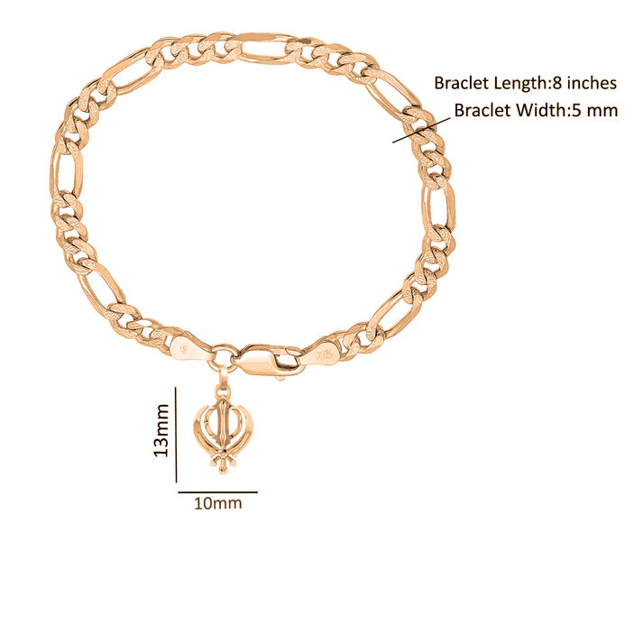 22KT gold plated 92.5% pure Sterling Silver Figaro Designer Bracelet with Sikh khanda Symbol for Men