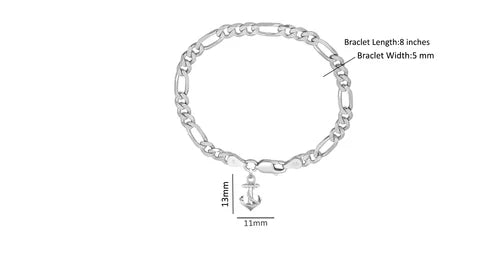 92.5% pure Sterling Silver Figaro Designer Bracelet with Ship Anchor for Men