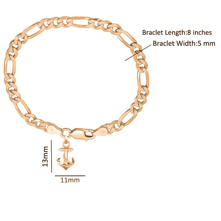 22KT gold plated 92.5% pure Sterling Silver Figaro Designer Bracelet with Ship Anchor for Men