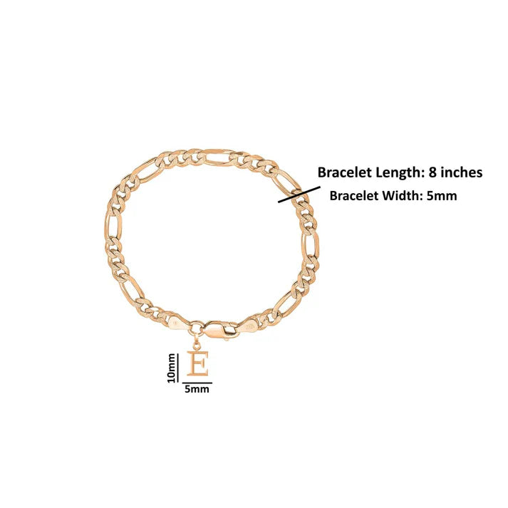 22KT gold plated 92.5% pure Sterling Silver Figaro Designer Bracelet with E Alphabet for Men