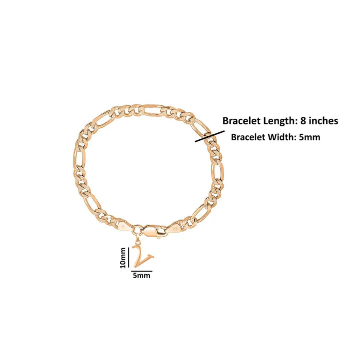 22KT gold plated 92.5% pure Sterling Silver Figaro Designer Bracelet with V Alphabet for Men