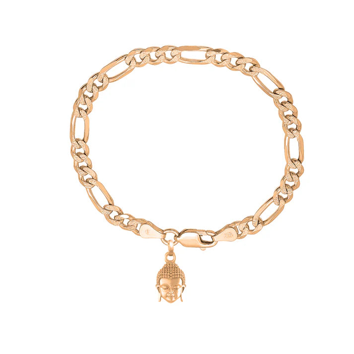 22KT gold plated 92.5% pure Sterling Silver Figaro Designer Bracelet with Charm Buddha for Men & Boys