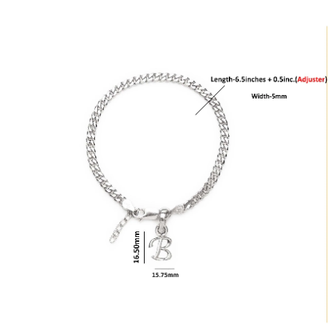 92.5% pure Sterling Silver Curb Designer Bracelet with B Alphabet for Girls and women