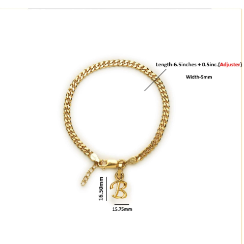 22KT gold plated 92.5% pure Sterling Silver Curb Designer Bracelet with B Alphabet for Girls and Women