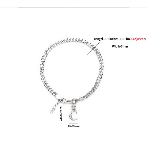 92.5% pure Sterling Silver Curb Designer Bracelet with C Alphabet for Girls and women