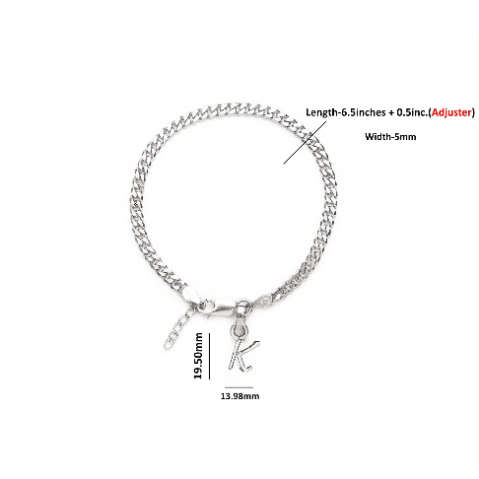 92.5% pure Sterling Silver Curb Designer Bracelet with K Alphabet for Girls and women