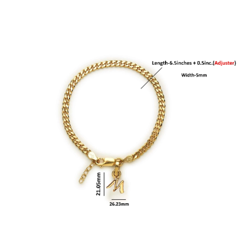 22KT gold plated 92.5% pure Sterling Silver Curb Designer Bracelet with M Alphabet for Girls and Women