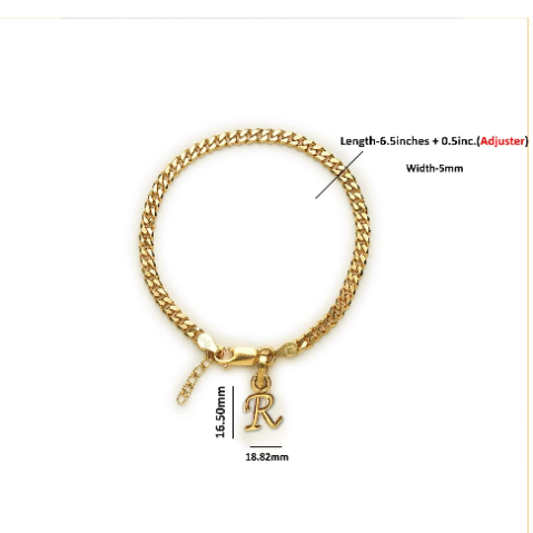 22KT gold plated 92.5% pure Sterling Silver Curb Designer Bracelet with R Alphabet for Girls and Women