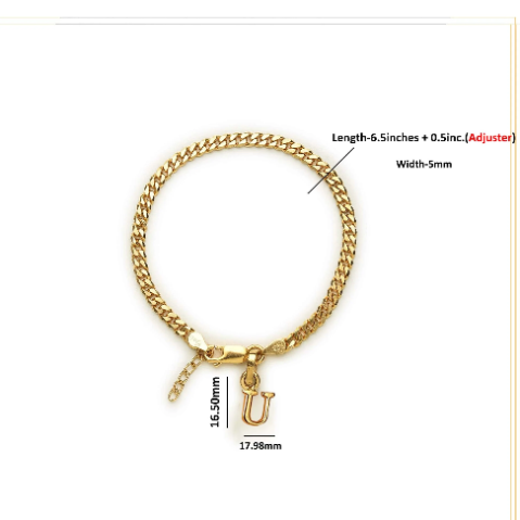 22KT gold plated 92.5% pure Sterling Silver Curb Designer Bracelet with U Alphabet for Girls and Women