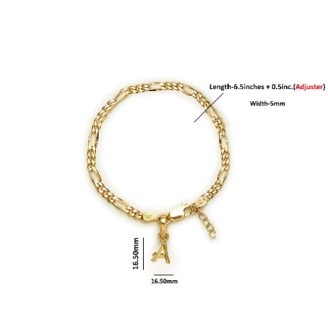 22KT gold plated 92.5% pure Sterling Silver Figaro Designer Bracelet with A Alphabet for Girls and Women
