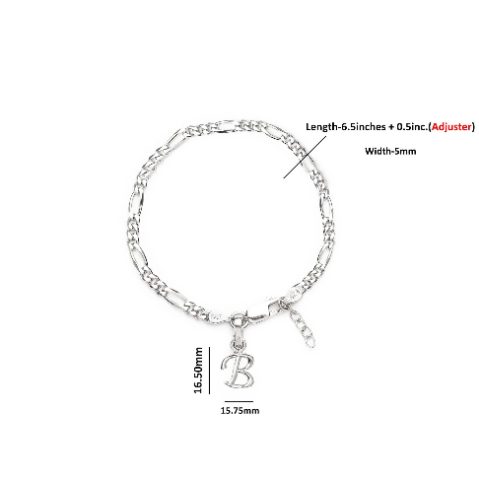 92.5% pure Sterling Silver Figaro Designer Bracelet with B Alphabet for Girls and women