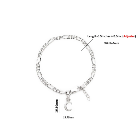 92.5% pure Sterling Silver Figaro Designer Bracelet with C Alphabet for Girls and women