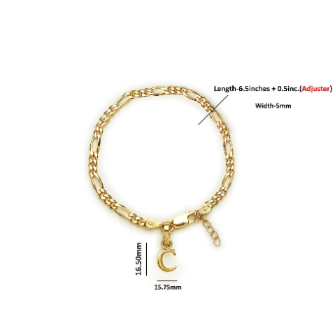 22KT gold plated 92.5% pure Sterling Silver Figaro Designer Bracelet with C Alphabet for Girls and Women