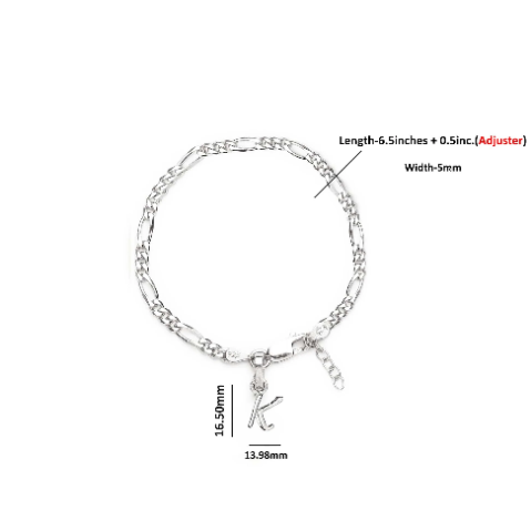 92.5% pure Sterling Silver Figaro Designer Bracelet with K Alphabet for Girls and women