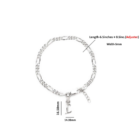 92.5% pure Sterling Silver Figaro Designer Bracelet with L Alphabet for Girls and women