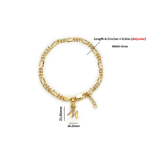 22KT gold plated 92.5% pure Sterling Silver Figaro Designer Bracelet with M Alphabet for Girls and Women