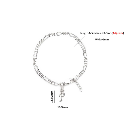 92.5% pure Sterling Silver Figaro Designer Bracelet with P Alphabet for Girls and women