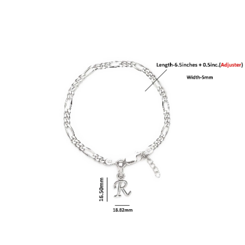92.5% pure Sterling Silver Figaro Designer Bracelet with R Alphabet for Girls and women