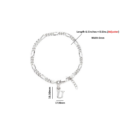 92.5% pure Sterling Silver Figaro Designer Bracelet with U Alphabet for Girls and women