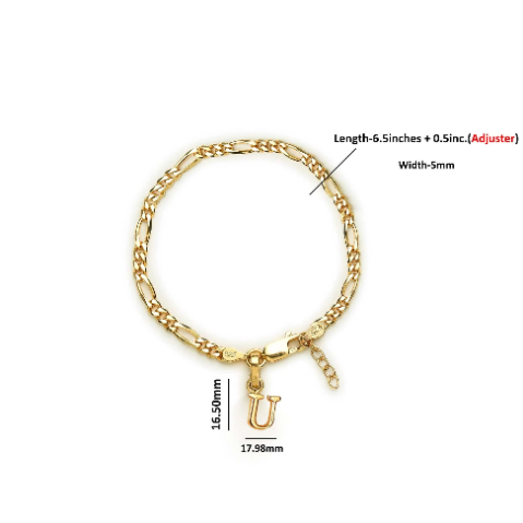 22KT gold plated 92.5% pure Sterling Silver Figaro Designer Bracelet with U Alphabet for Girls and Women