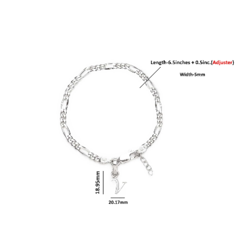 92.5% pure Sterling Silver Figaro Designer Bracelet with V Alphabet for Girls and women