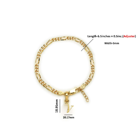 22KT gold plated 92.5% pure Sterling Silver Figaro Designer Bracelet with V Alphabet for Girls and Women