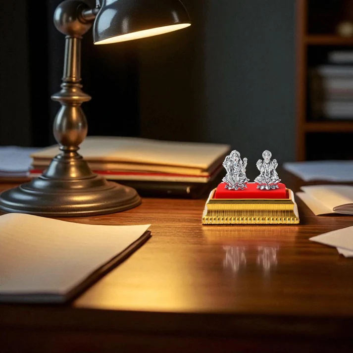 Premium 99.9% Pure Silver Ganesha & Maa Laxmi Idol Set for Temple, study table and car dashboard