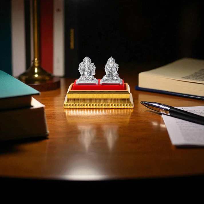 Premium 99.9% Pure Silver Ganesha & Maa Laxmi Idol Set for Temple, study table and car dashboard