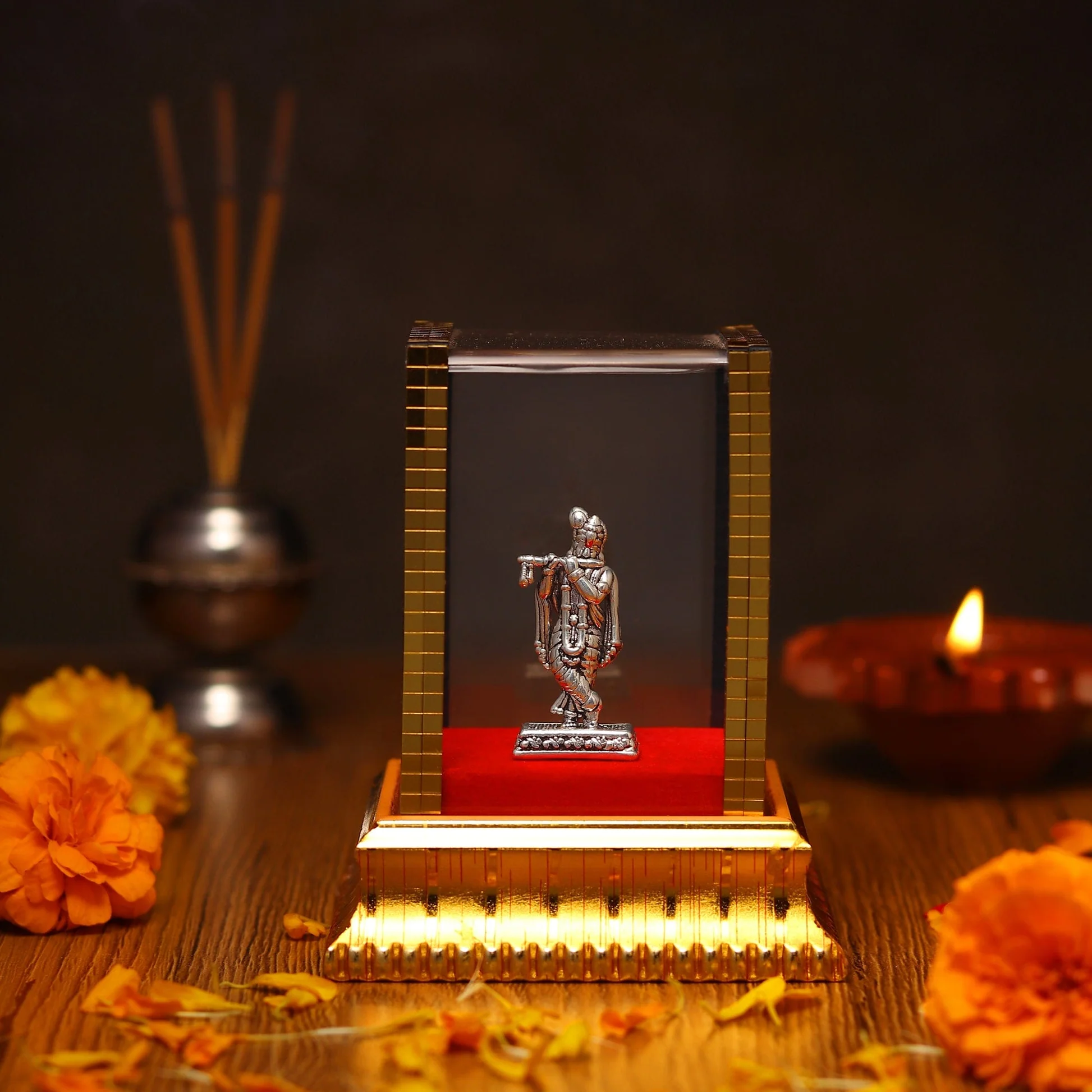 99.9% Pure Silver Lord Krishna Idol with Acrylic Box for Pooja Room, office desk, Car Dashboard