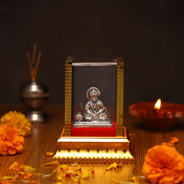 99.9% Pure Silver Hanuman Ji Idol with Acrylic Box for Pooja Room, office desk, Car Dashboard