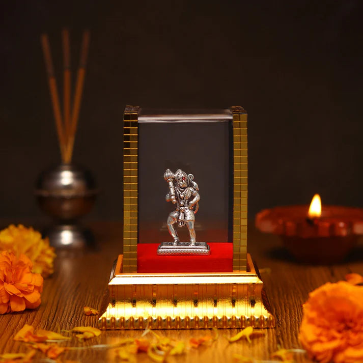 99.9% Pure Silver Hanuman Ji Idol with Acrylic Box for Pooja Room, office desk, Car Dashboard