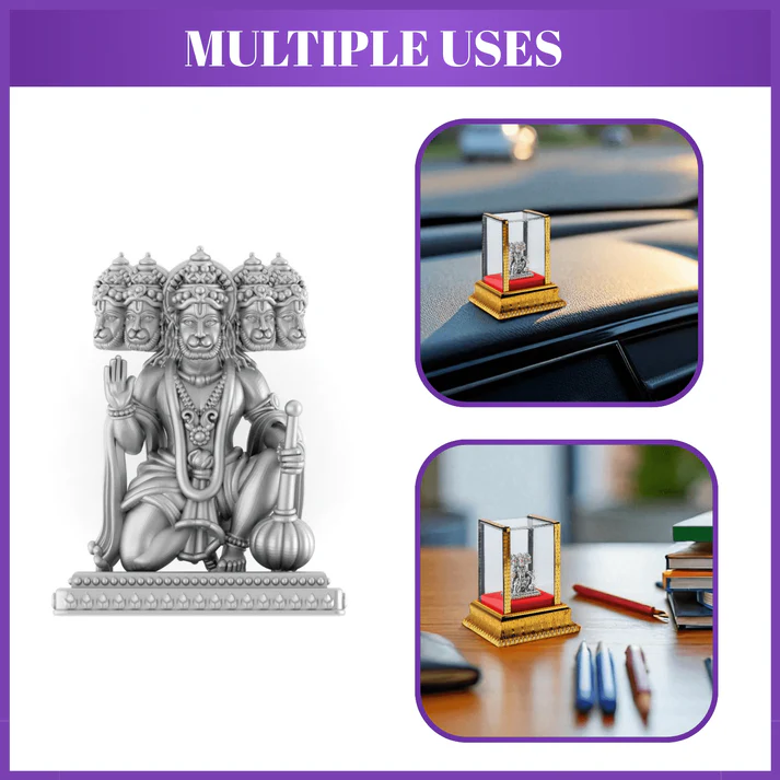 99.9% Pure Silver Panchmukhi Hanuman Ji Idol with Acrylic Box for Pooja Room, office desk, Car Dashboard
