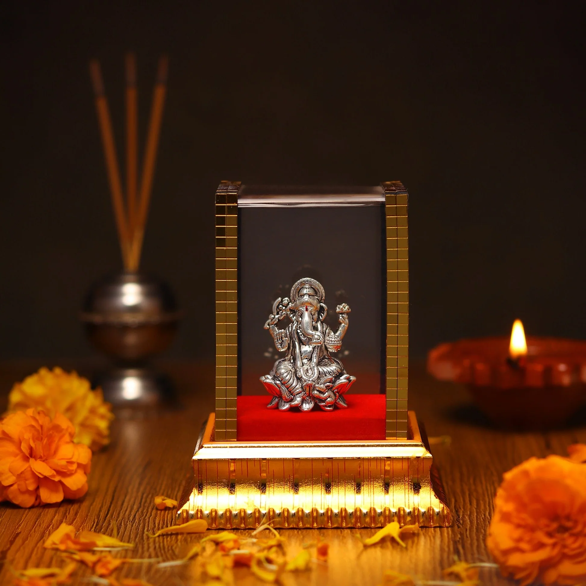 99.9% Pure Silver Lord Ganesha Idol with Acrylic Box for Pooja Room, office desk, Car Dashboard