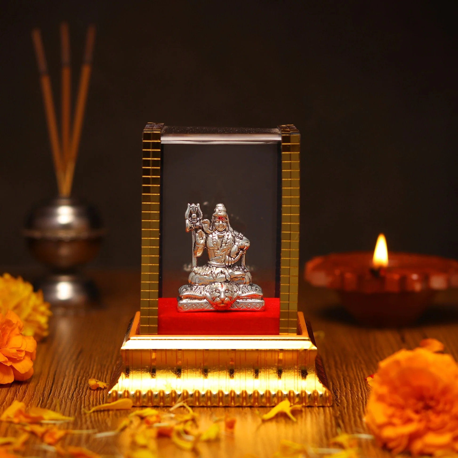 99.9% Pure Silver Lord Shiva Idol with Acrylic Box for Pooja Room, office desk, Car Dashboard