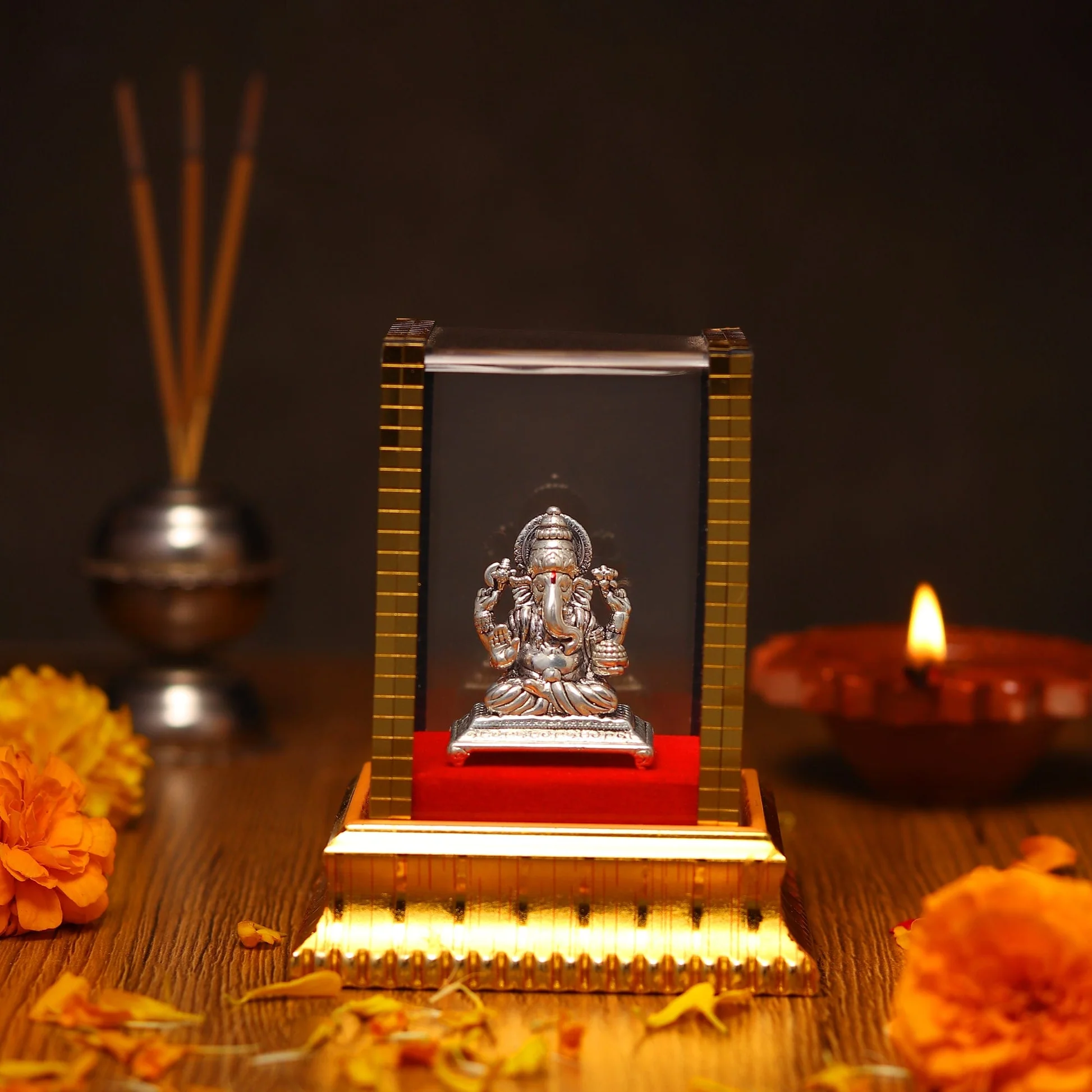 99.9% Pure Silver Lord Ganesha Idol with Acrylic Box for Pooja Room, office desk, Car Dashboard