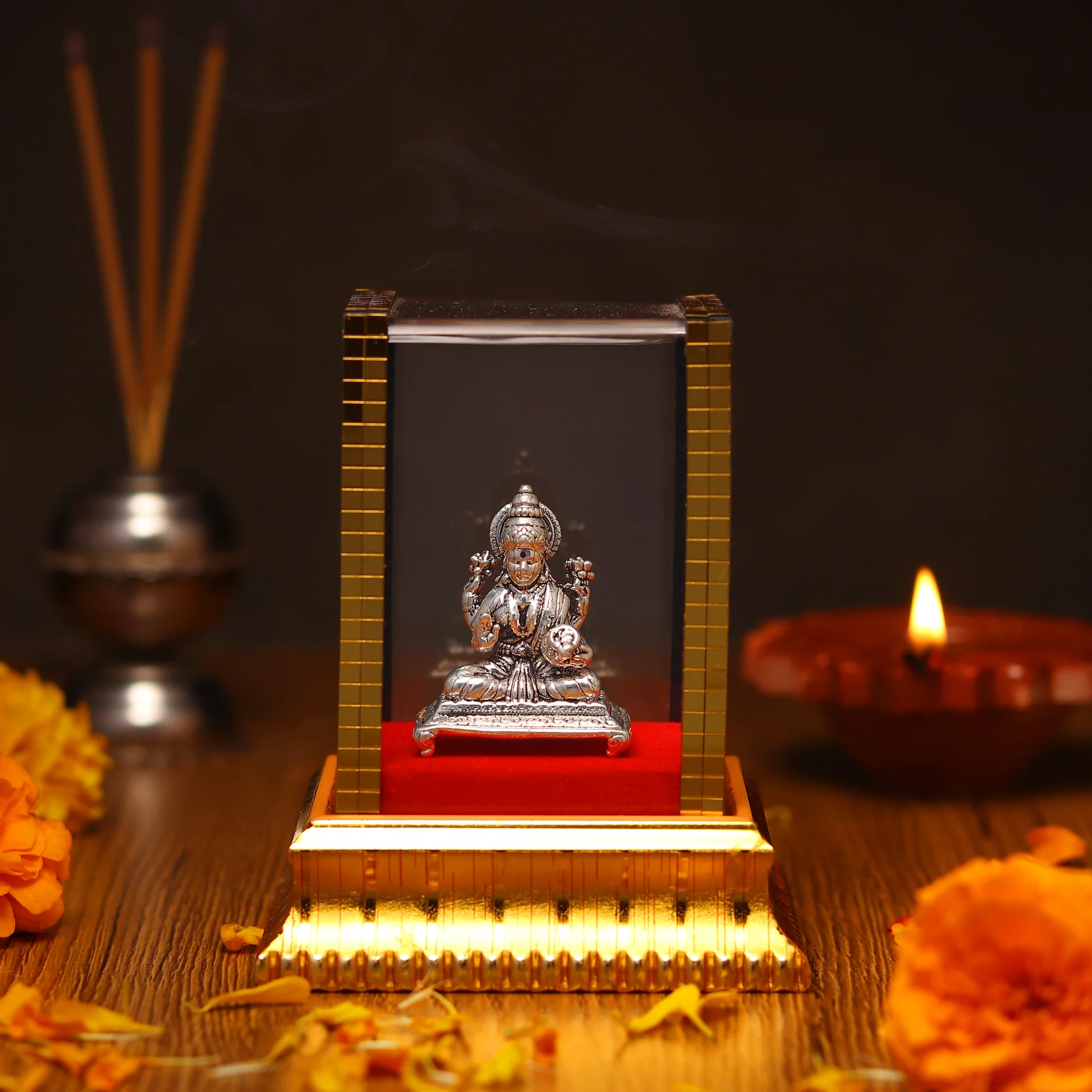 99.9% Pure Silver Goddess Lakshmi Idol with Acrylic Box for Pooja Room, office desk, Car Dashboard