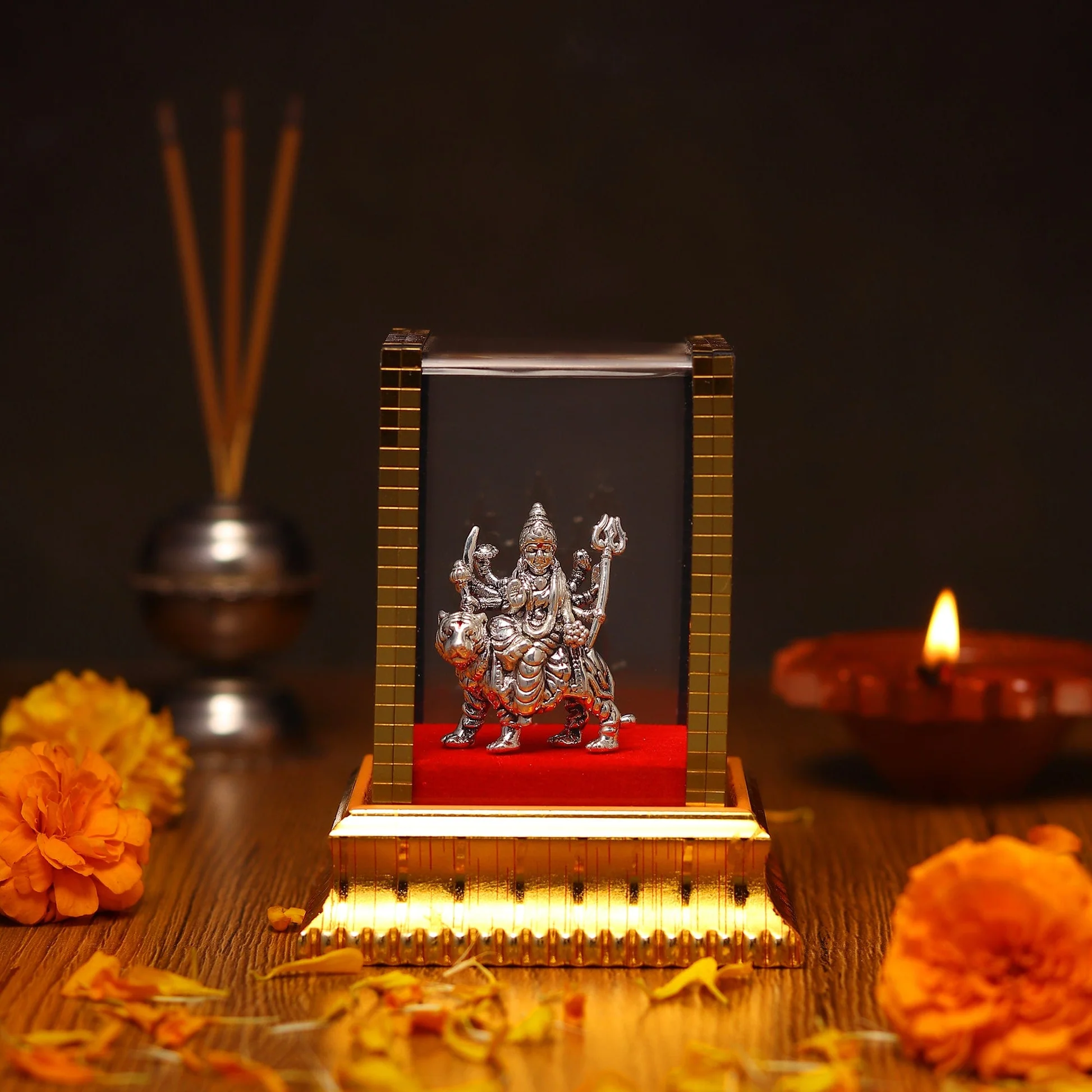 99.9% Pure Silver Maa Durga Idol with Acrylic Box for Pooja Room, office desk, Car Dashboard