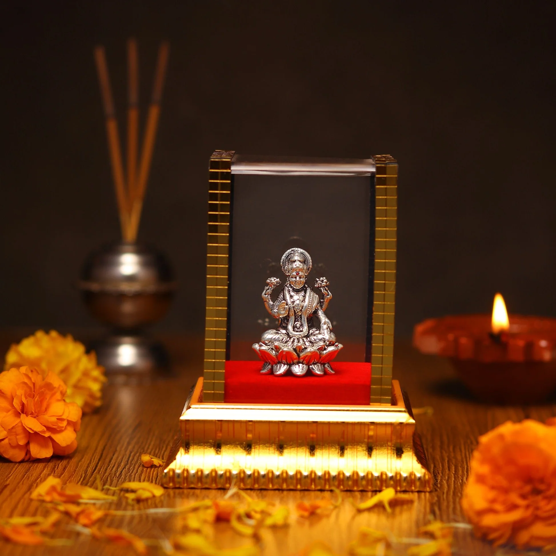 99.9% Pure Silver Lakshmi Ji Idol with Acrylic Box for Pooja Room, office desk, Car Dashboard