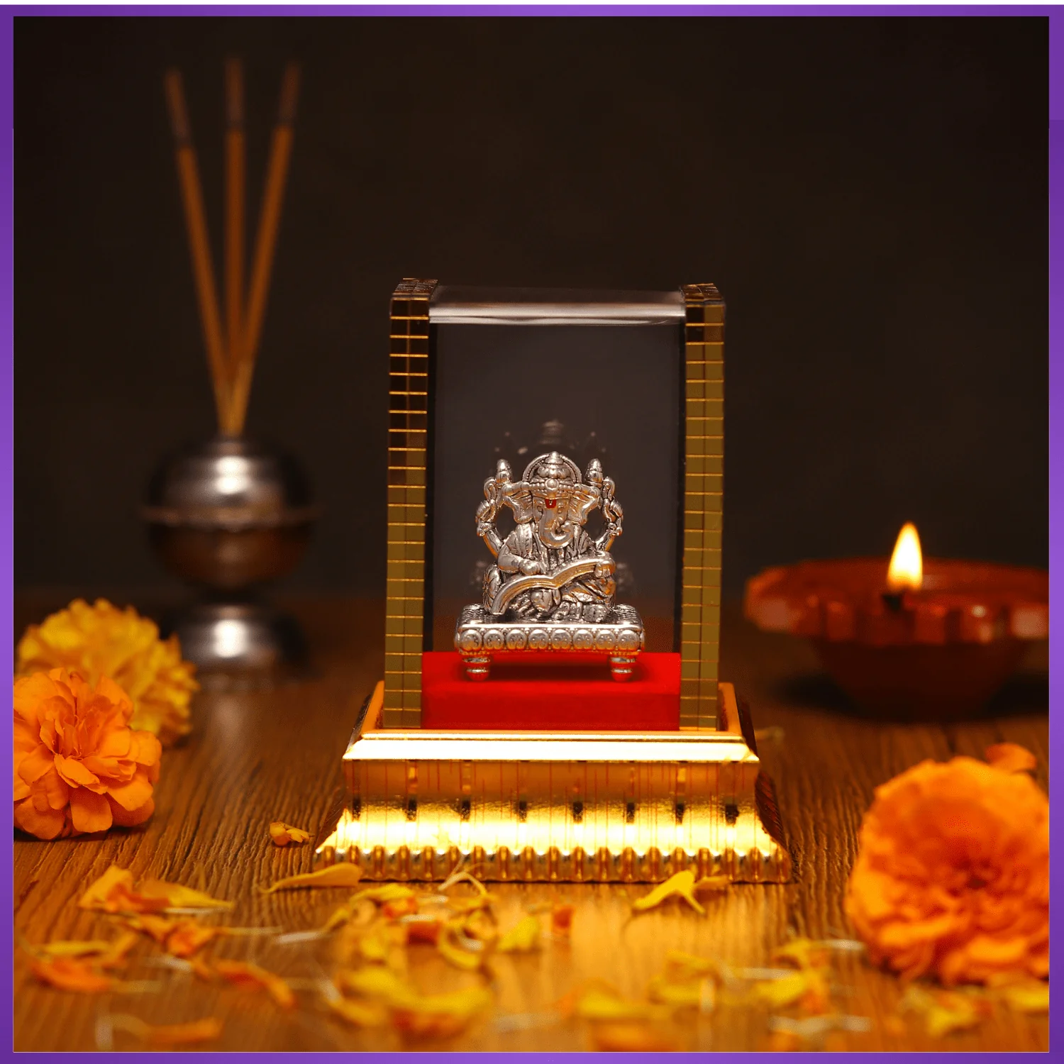 99.9% Pure Silver Lord Ganesha Idol with Acrylic Box for Pooja Room, office desk, Car Dashboard