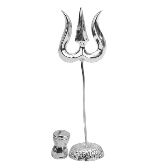 925 Pure Silver Combo of Trishul (with Stand) and Dumroo for Pooja Room, Home Decor, Mandir Decor, Donation and Gifting Purpose