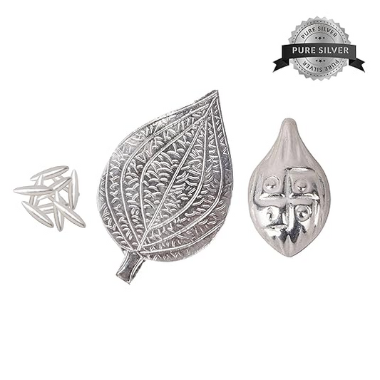 925 Pure Silver Combo of One Paan Ka Patta, One Nariyal & 11 Rice Grains for Home Decor, Pooja, Gift Purpose & Donation