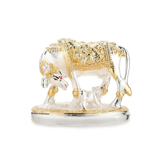 Silver Plated Vastu Kamdhenu Cow with Calf Idol for Pooja, Temple Decoration, Office, Wedding & Housewarming Gifts